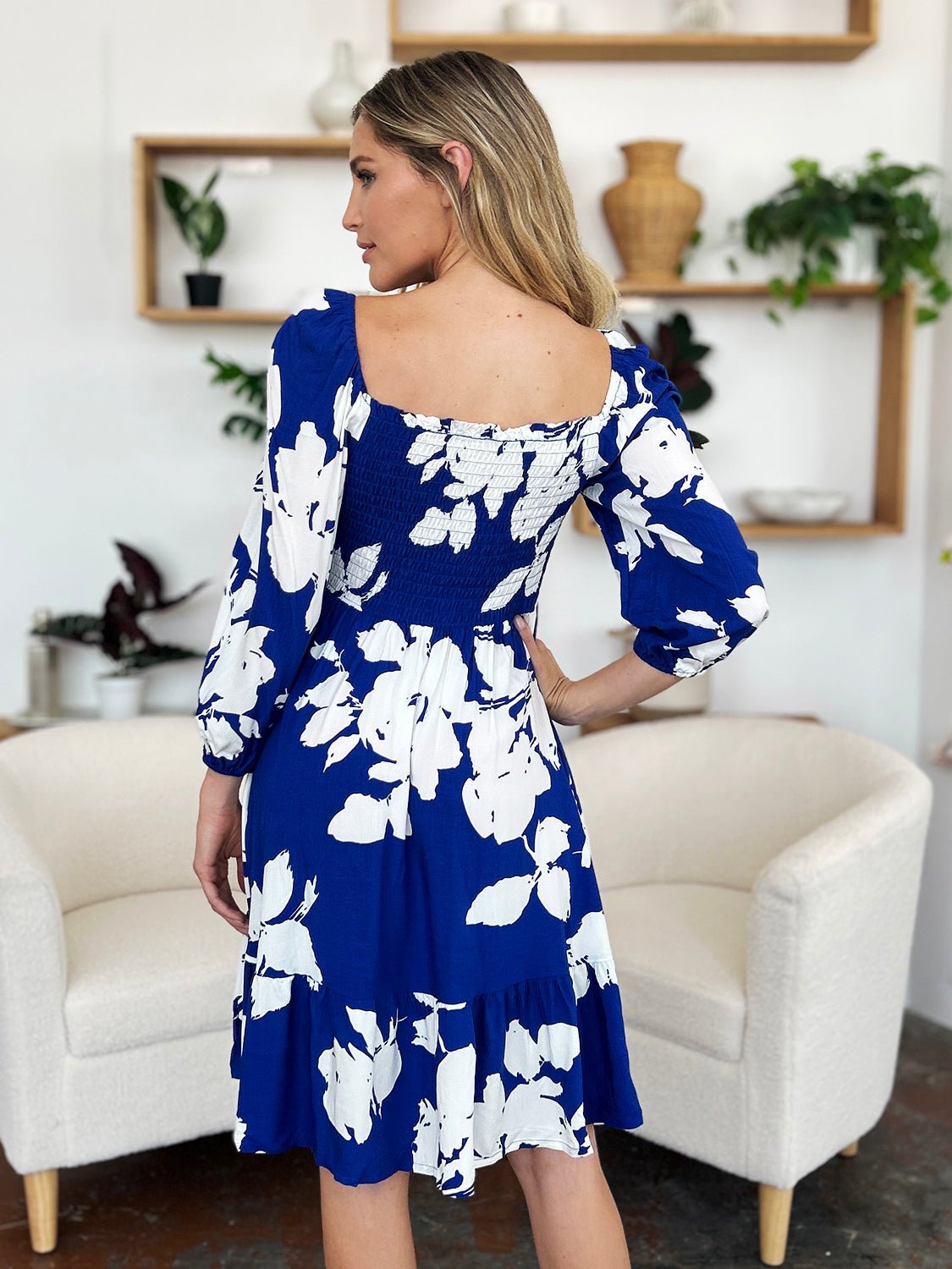 Double Take - Floral Print Ruffle Hem Smocked Knee - Length Dress with Pockets in Royal Blue