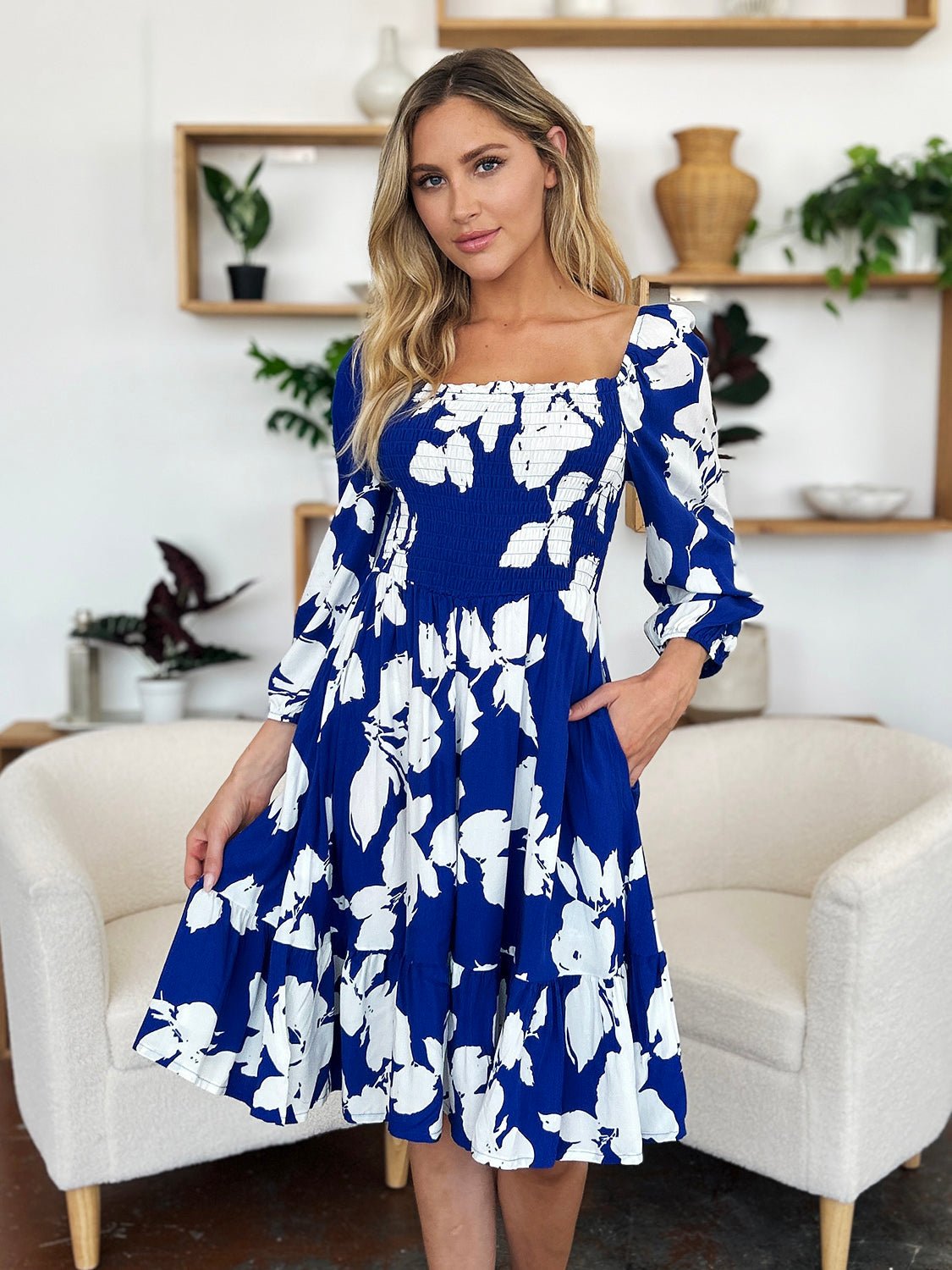 Double Take - Floral Print Ruffle Hem Smocked Knee - Length Dress with Pockets in Royal Blue