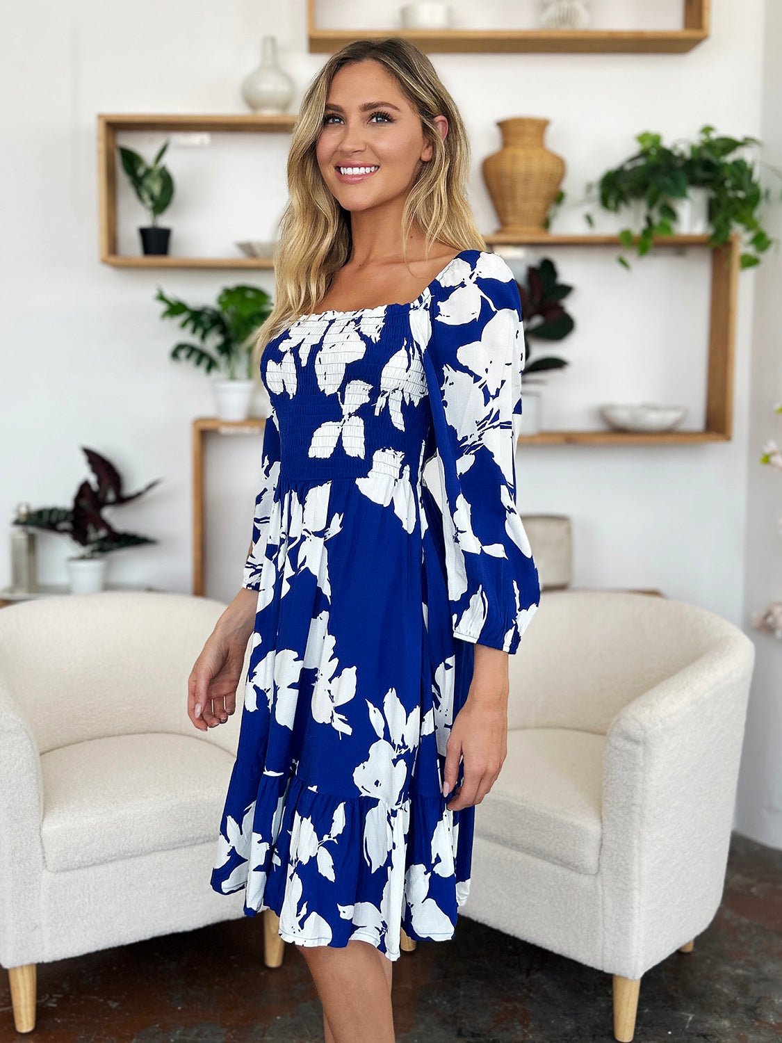 Double Take - Floral Print Ruffle Hem Smocked Knee - Length Dress with Pockets in Royal Blue