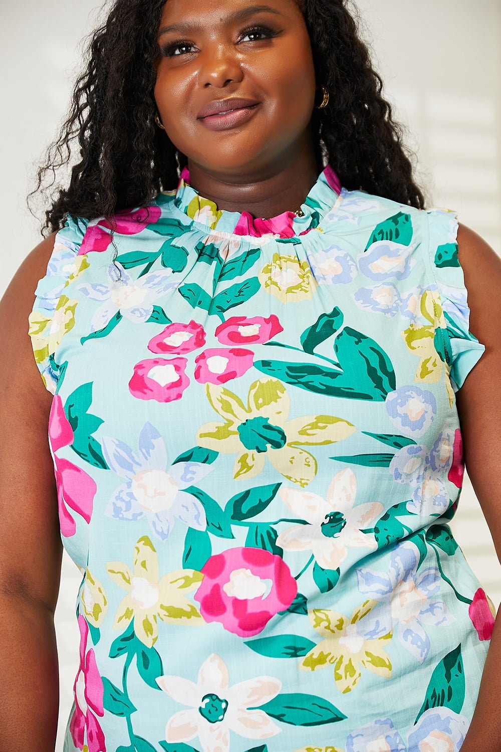 Double Take - Floral Print Ruffle Shoulder Blouse in Light Green