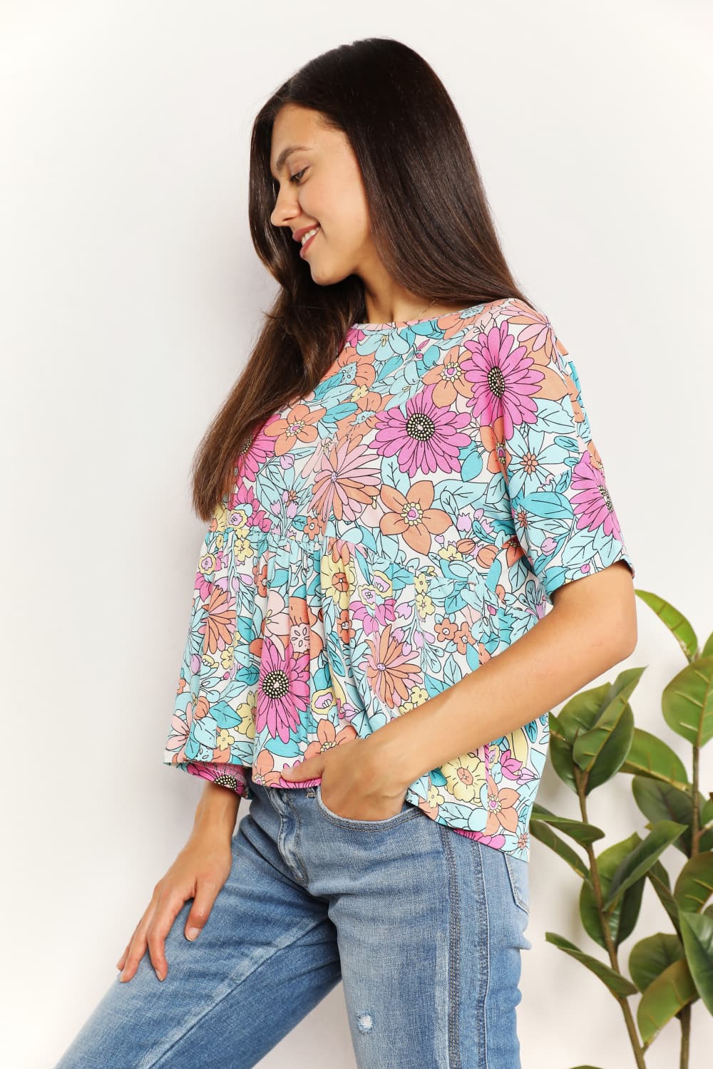 Double Take - Floral Print Short Sleeve Babydoll Top