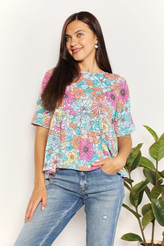 Double Take - Floral Print Short Sleeve Babydoll Top