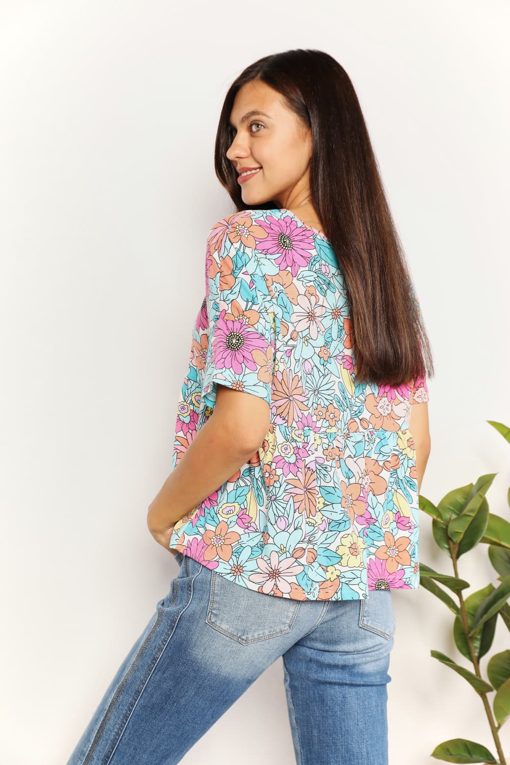 Double Take - Floral Print Short Sleeve Babydoll Top