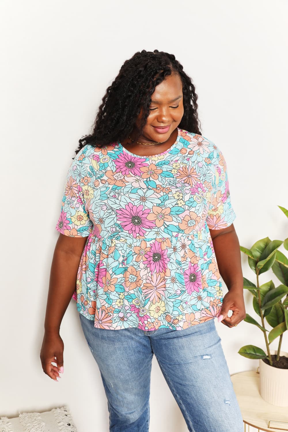 Double Take - Floral Print Short Sleeve Babydoll Top