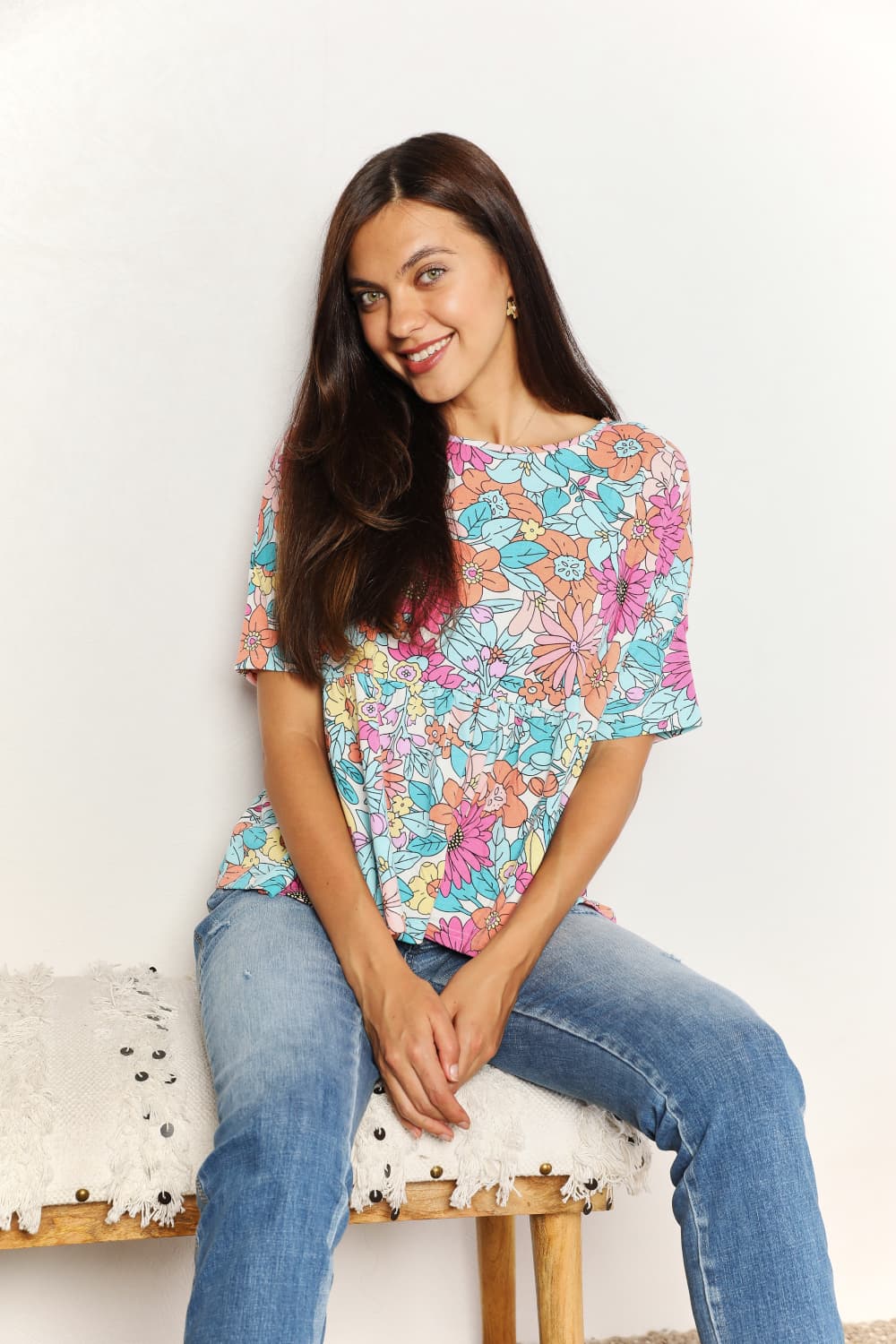 Double Take - Floral Print Short Sleeve Babydoll Top