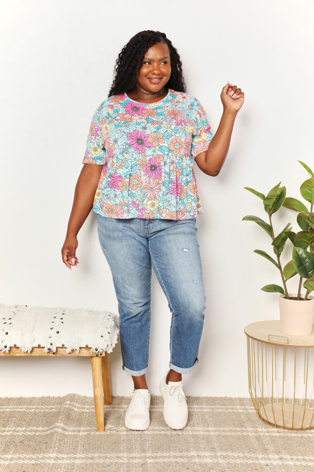 Double Take - Floral Print Short Sleeve Babydoll Top