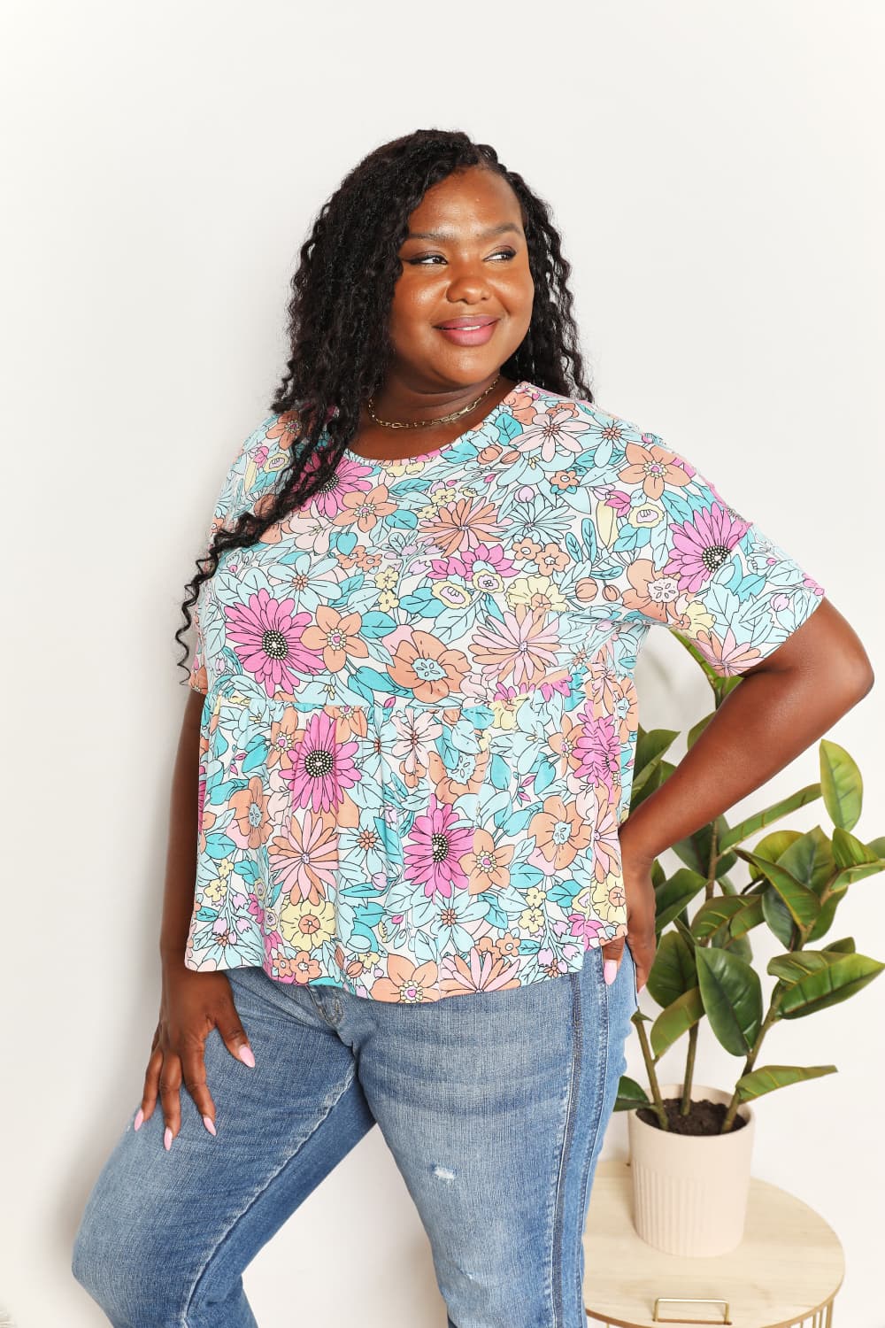 Double Take - Floral Print Short Sleeve Babydoll Top