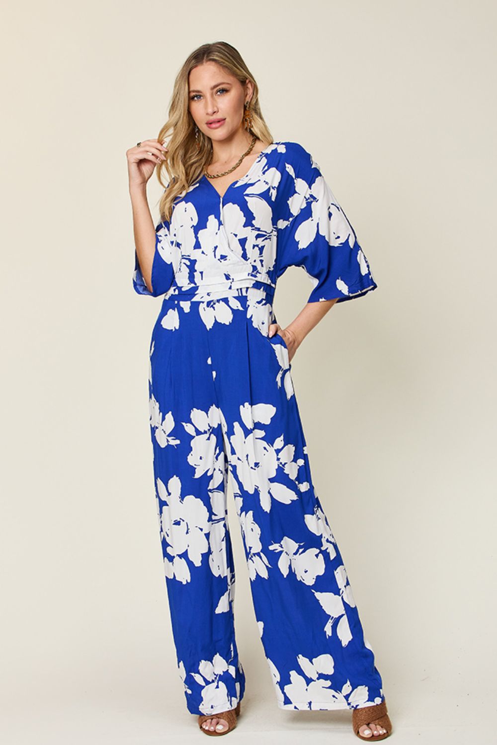 Double Take - Floral Print Tie Back Wide Leg Jumpsuit