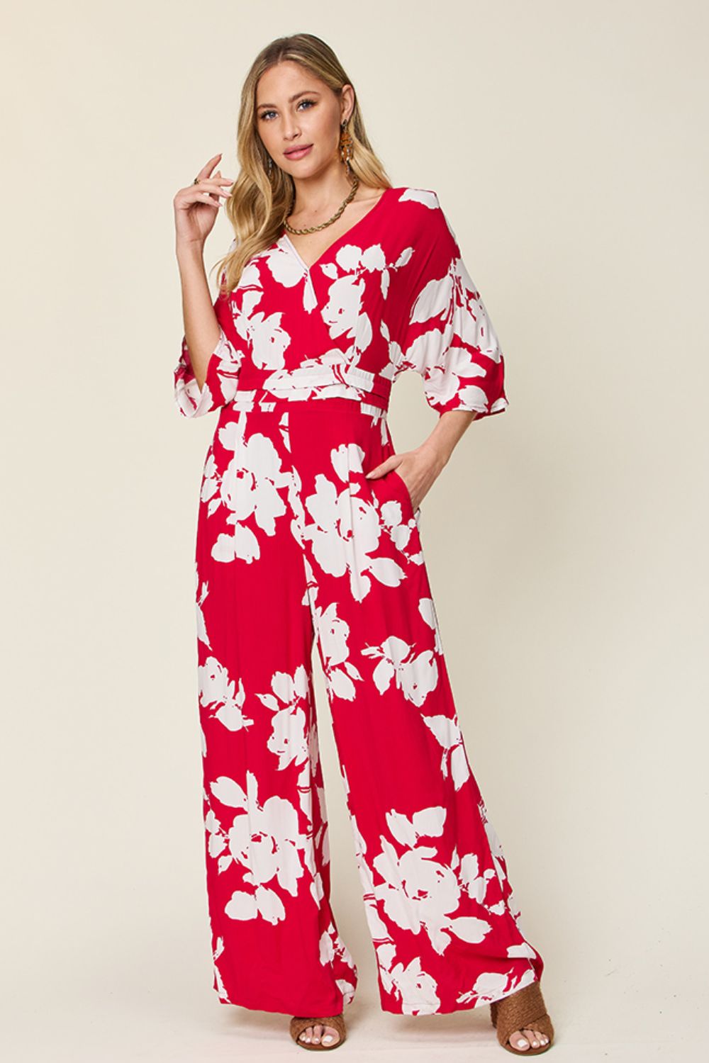 Double Take - Floral Print Tie Back Wide Leg Jumpsuit