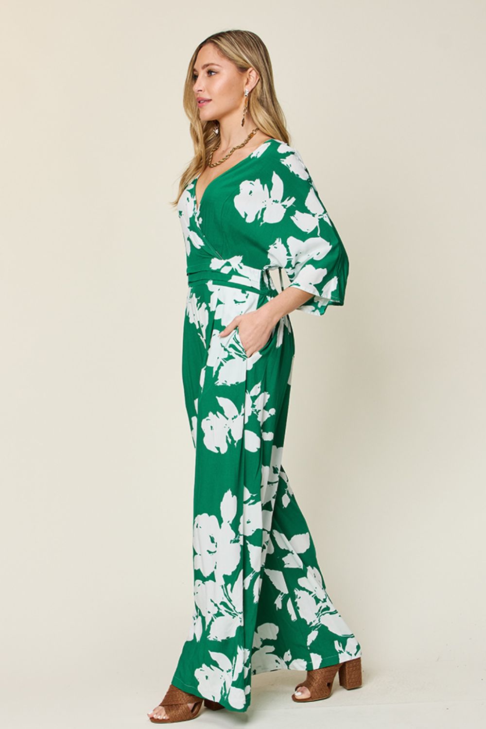 Double Take - Floral Print Tie Back Wide Leg Jumpsuit