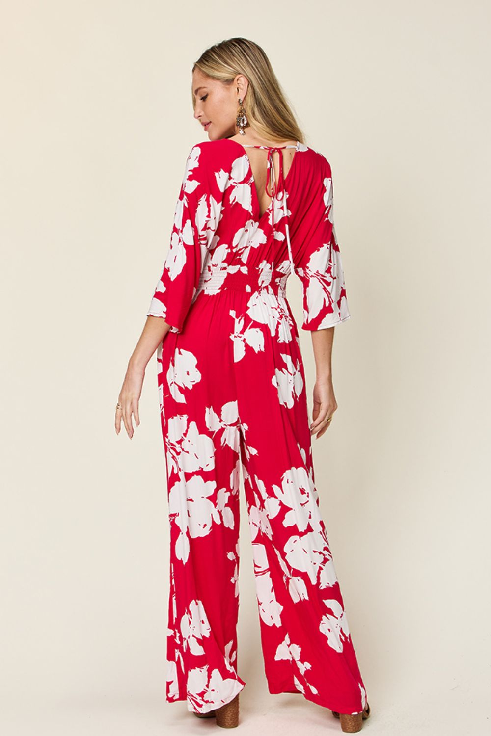 Double Take - Floral Print Tie Back Wide Leg Jumpsuit