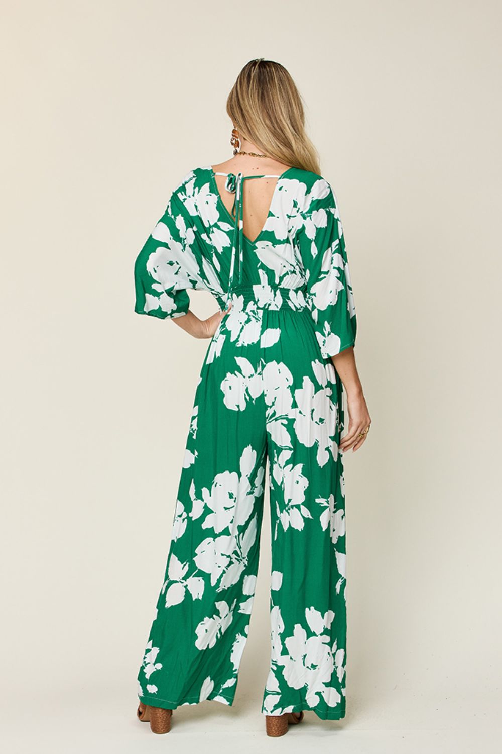 Double Take - Floral Print Tie Back Wide Leg Jumpsuit