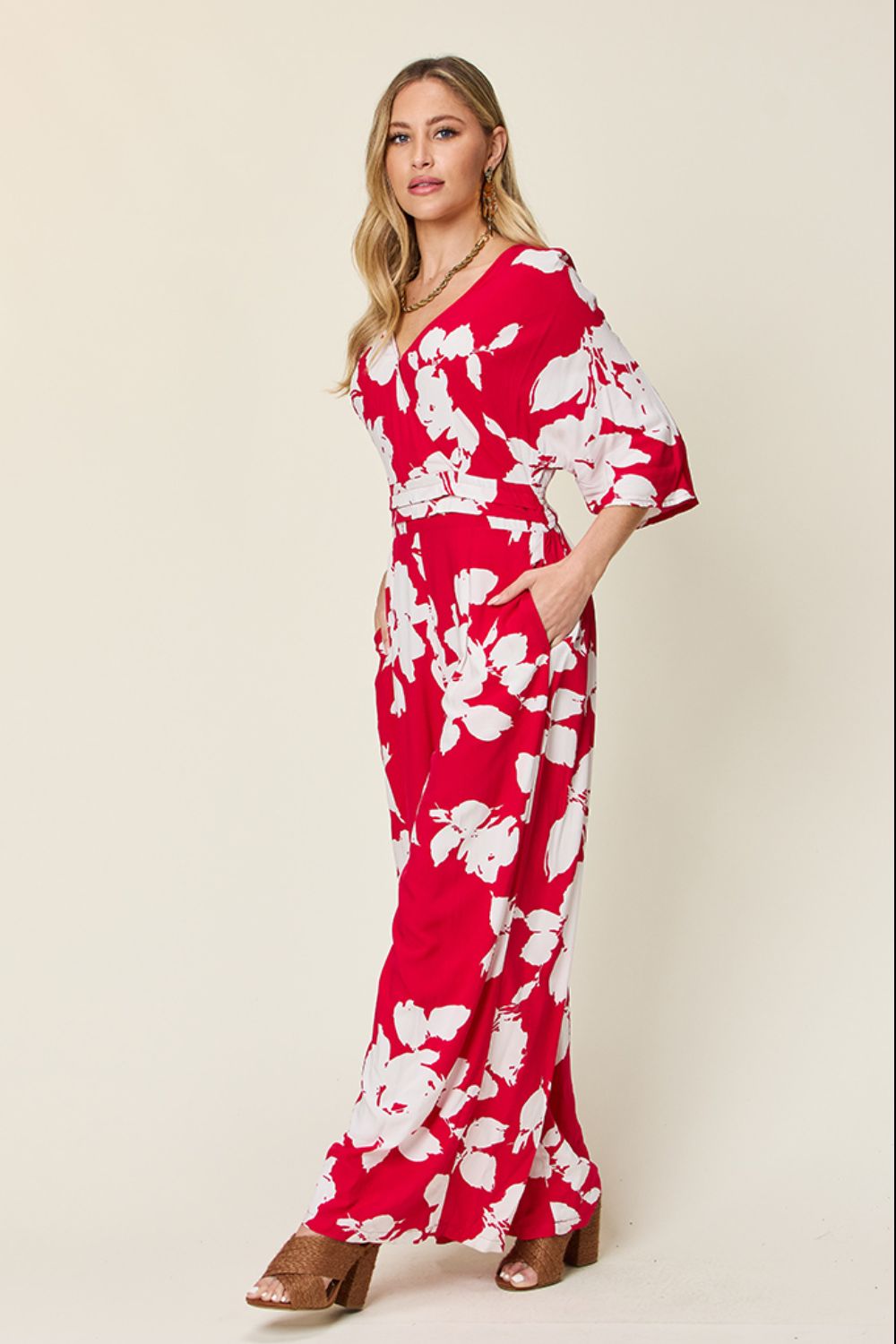 Double Take - Floral Print Tie Back Wide Leg Jumpsuit