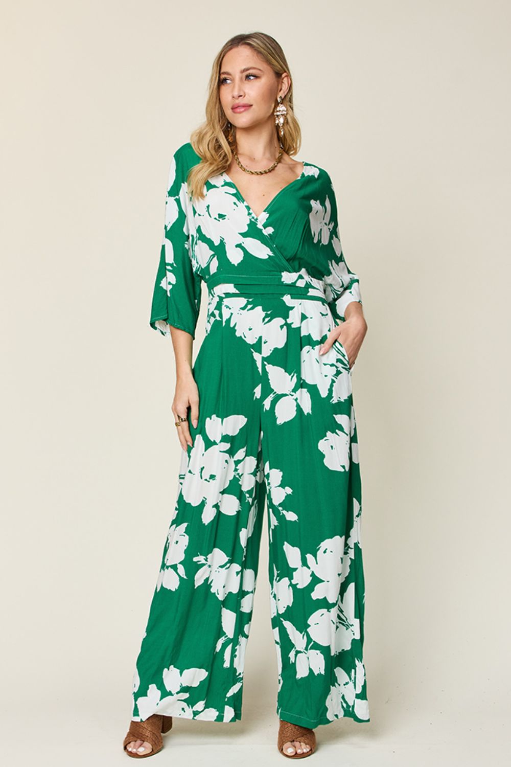 Double Take - Floral Print Tie Back Wide Leg Jumpsuit