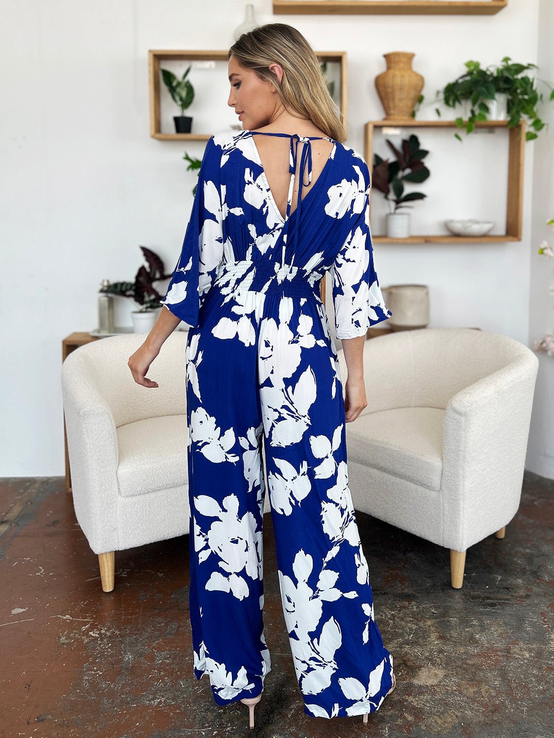 Double Take - Floral Print Tie Back Wide Leg Jumpsuit