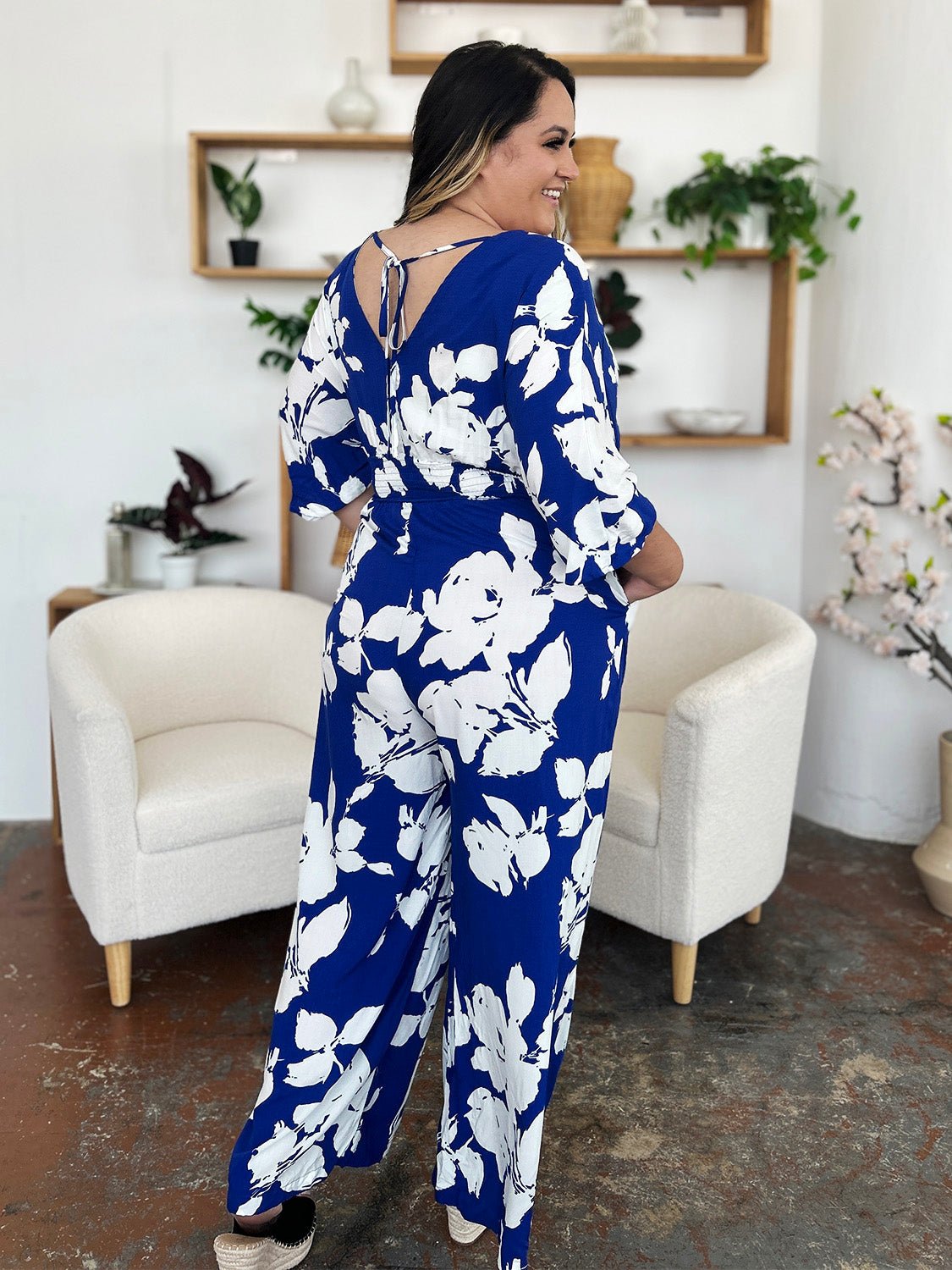 Double Take - Floral Print Tie Back Wide Leg Jumpsuit