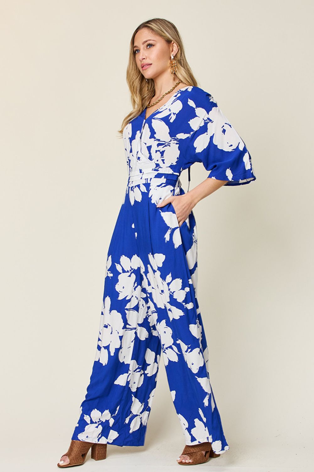 Double Take - Floral Print Tie Back Wide Leg Jumpsuit