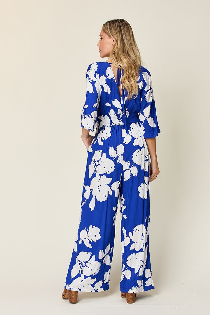 Double Take - Floral Print Tie Back Wide Leg Jumpsuit