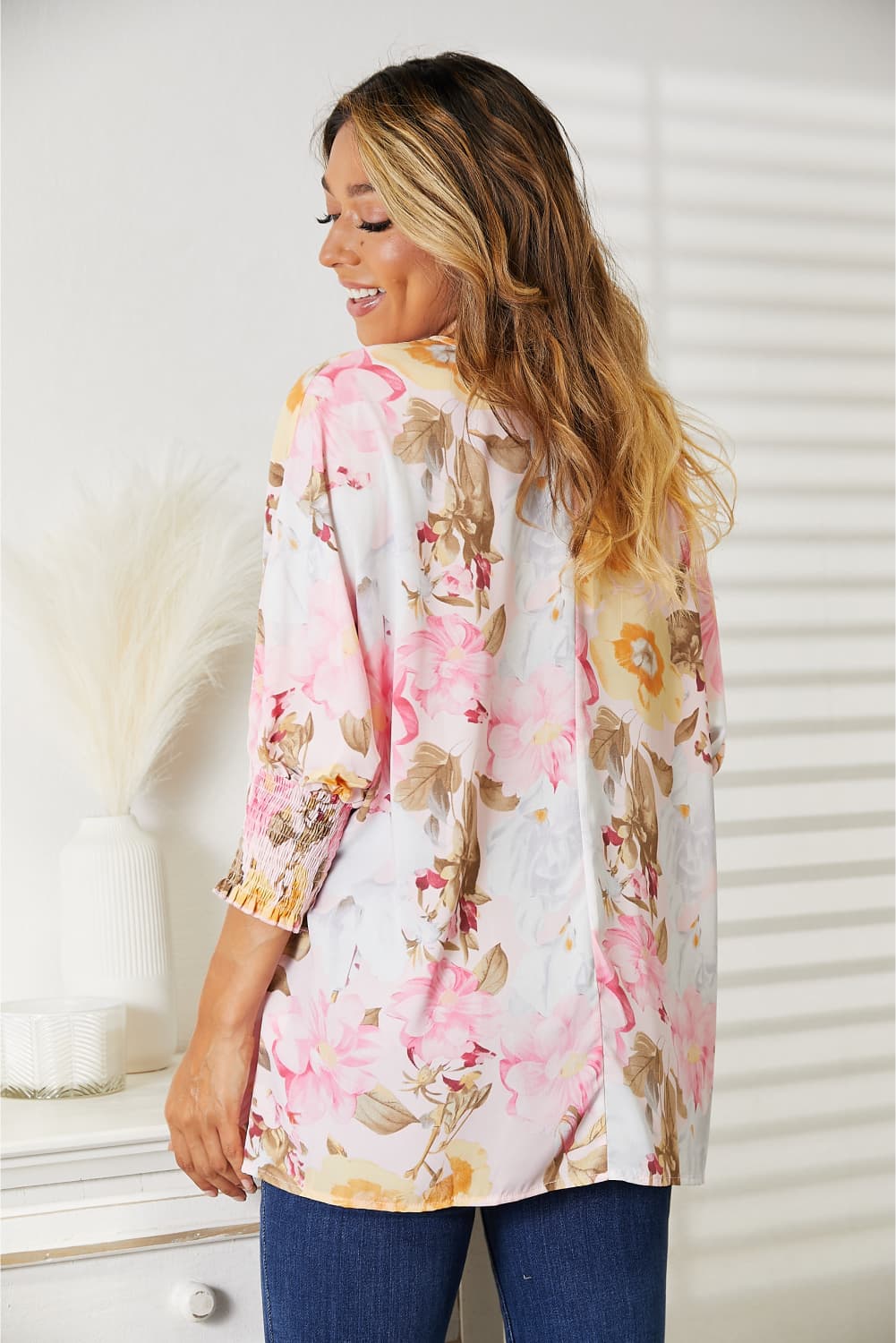 Double Take - Floral Three - Quarter Sleeve Top in Blush Pink