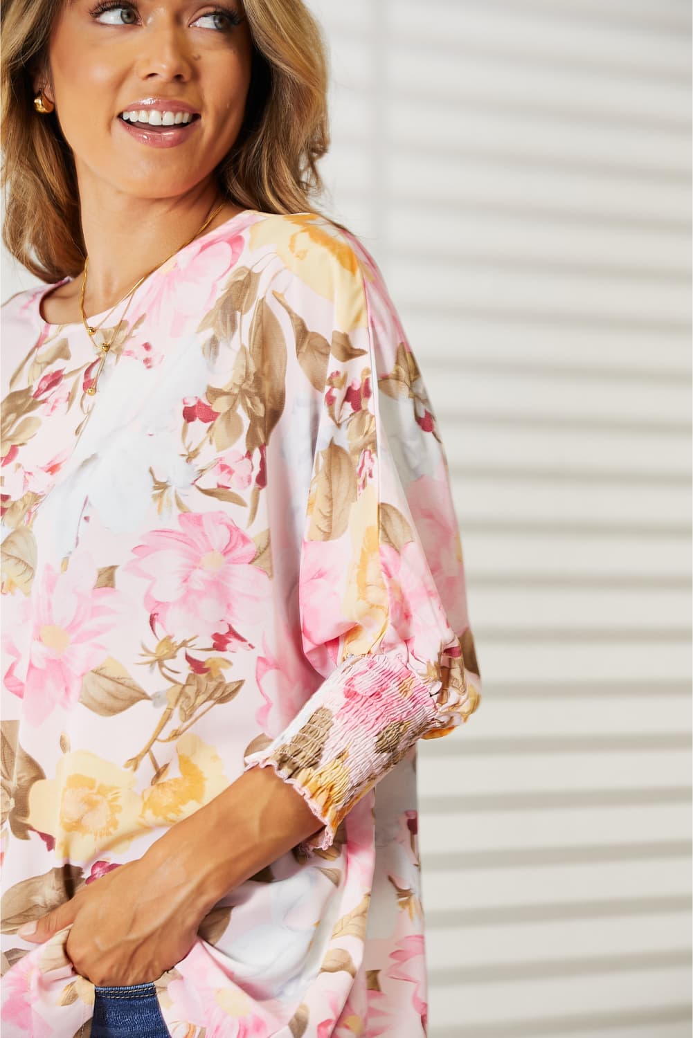 Double Take - Floral Three - Quarter Sleeve Top in Blush Pink