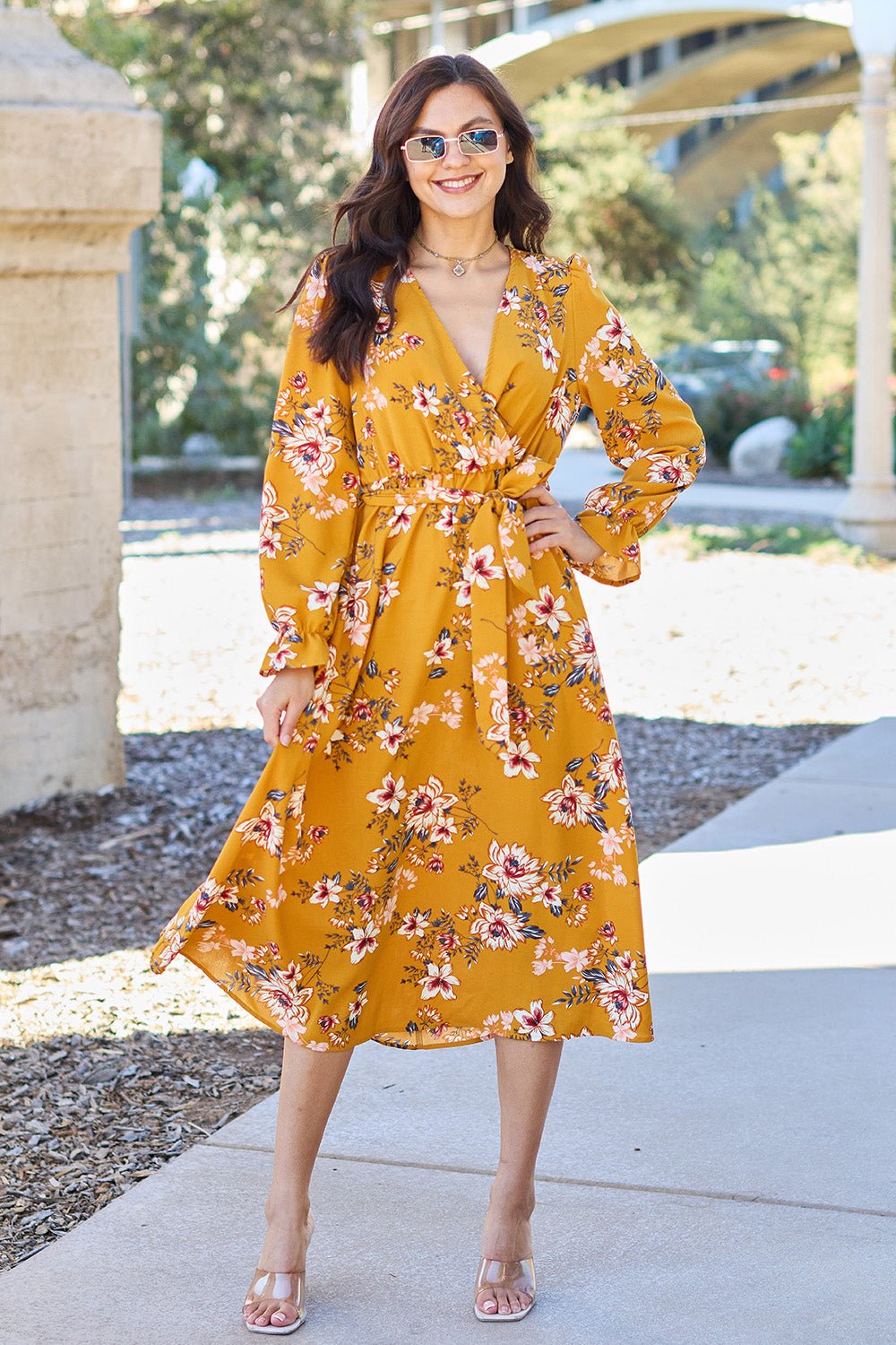 Double Take - Floral Tie Back Flounce Sleeve Midi Dress in Caramel