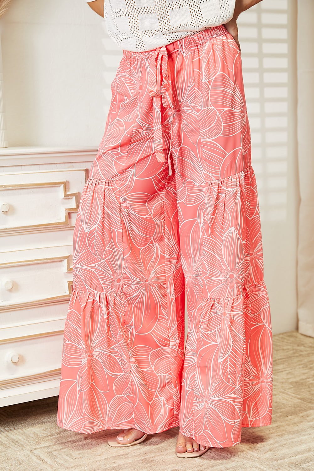 Double Take - Floral Tiered Wide Leg Pants in Hot Pink