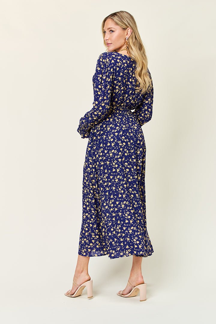 Double Take - Flounce Sleeve Midi Wrap Dress in Dark Blue