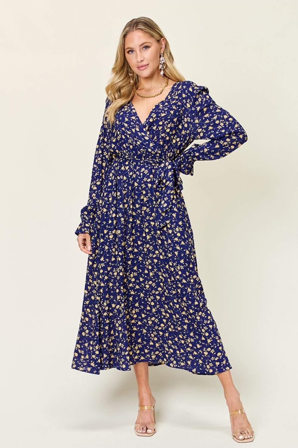 Double Take - Flounce Sleeve Midi Wrap Dress in Dark Blue