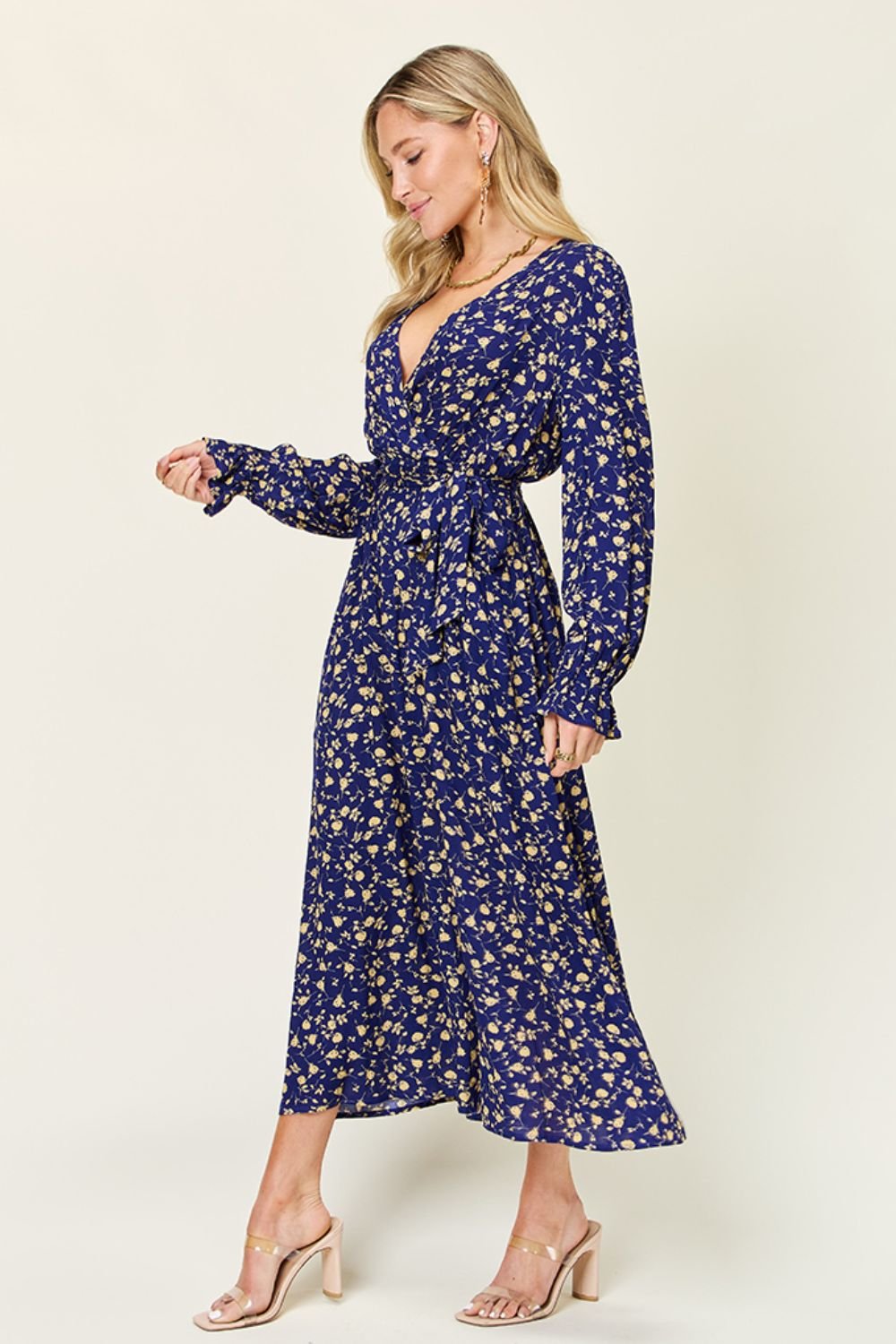 Double Take - Flounce Sleeve Midi Wrap Dress in Dark Blue