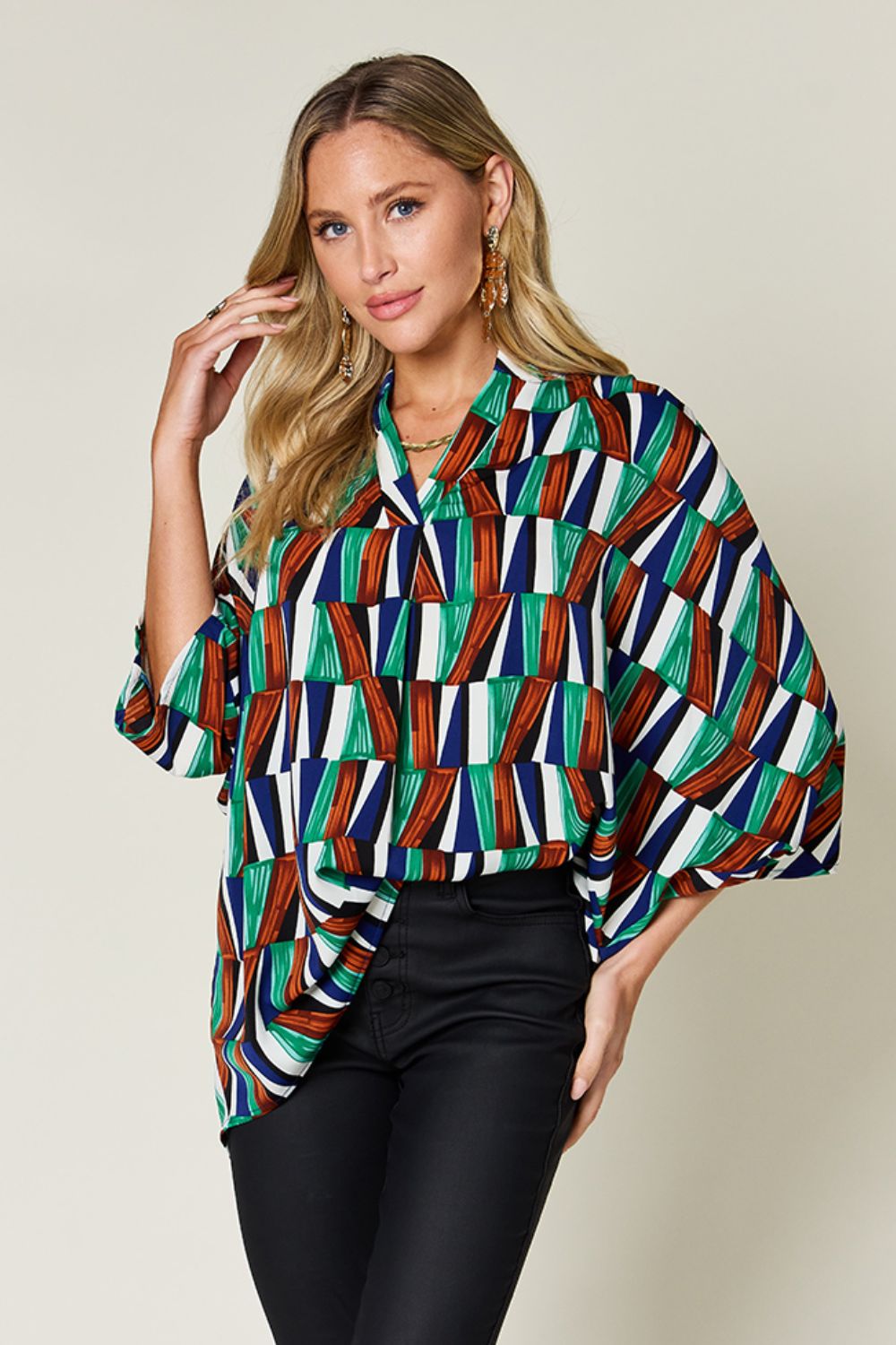 Double Take - Geometric Print Dolman Sleeve Top