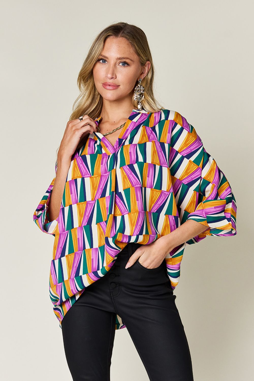 Double Take - Geometric Print Dolman Sleeve Top