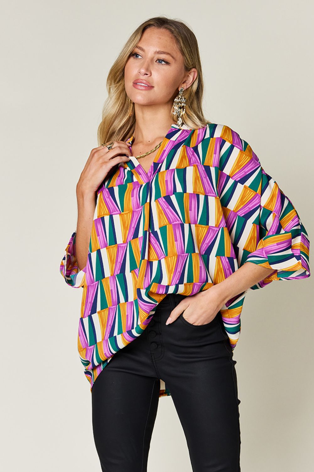 Double Take - Geometric Print Dolman Sleeve Top