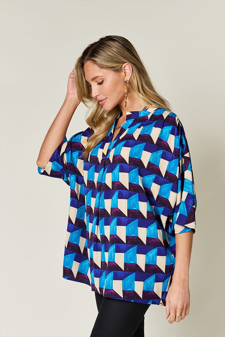 Double Take - Geometric Print Half Sleeve Blouse in Sky Blue