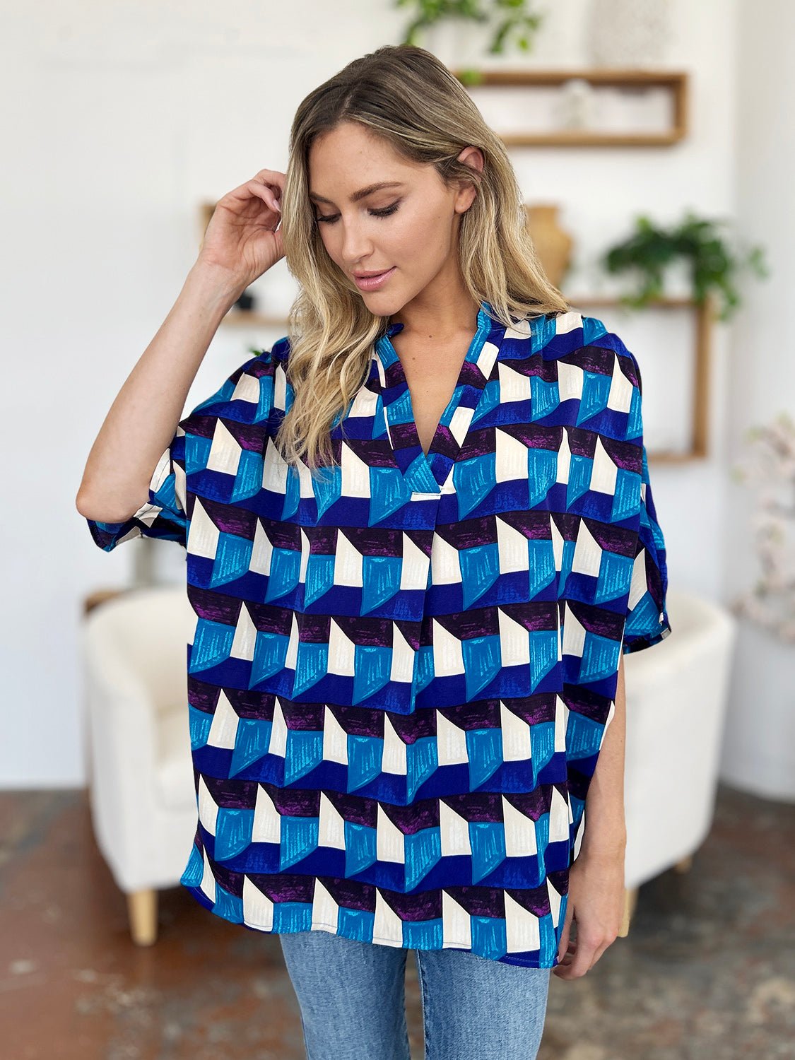 Double Take - Geometric Print Half Sleeve Blouse in Sky Blue