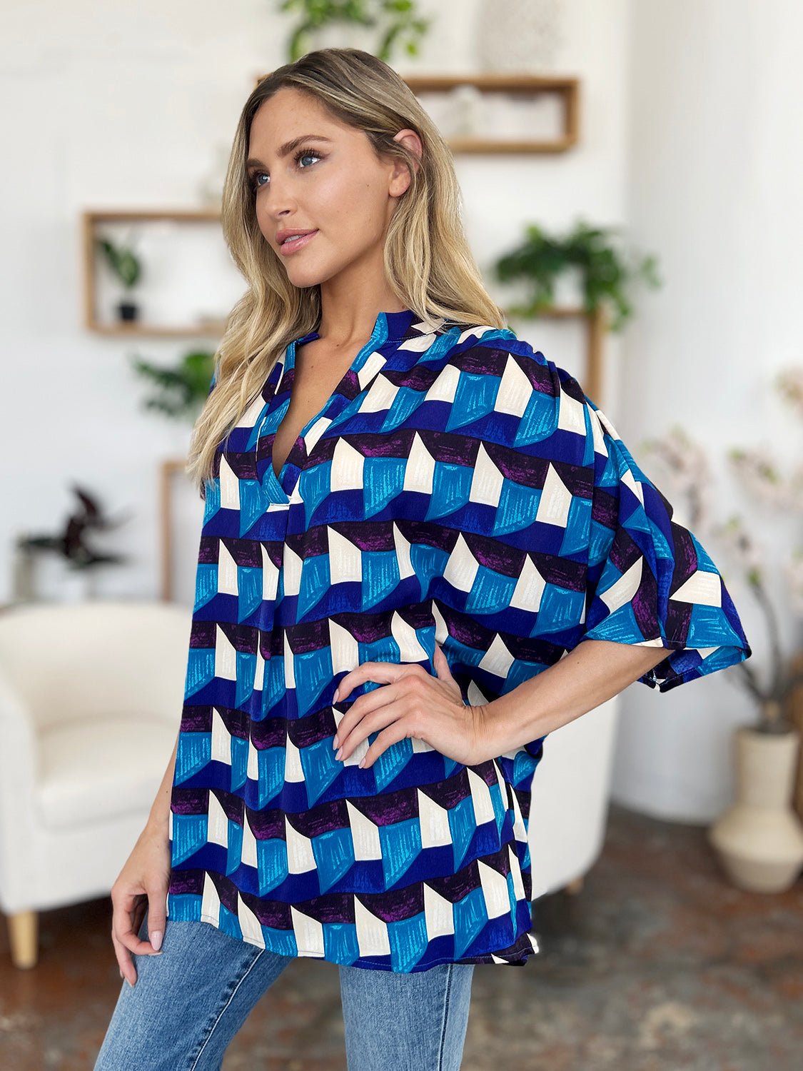 Double Take - Geometric Print Half Sleeve Blouse in Sky Blue