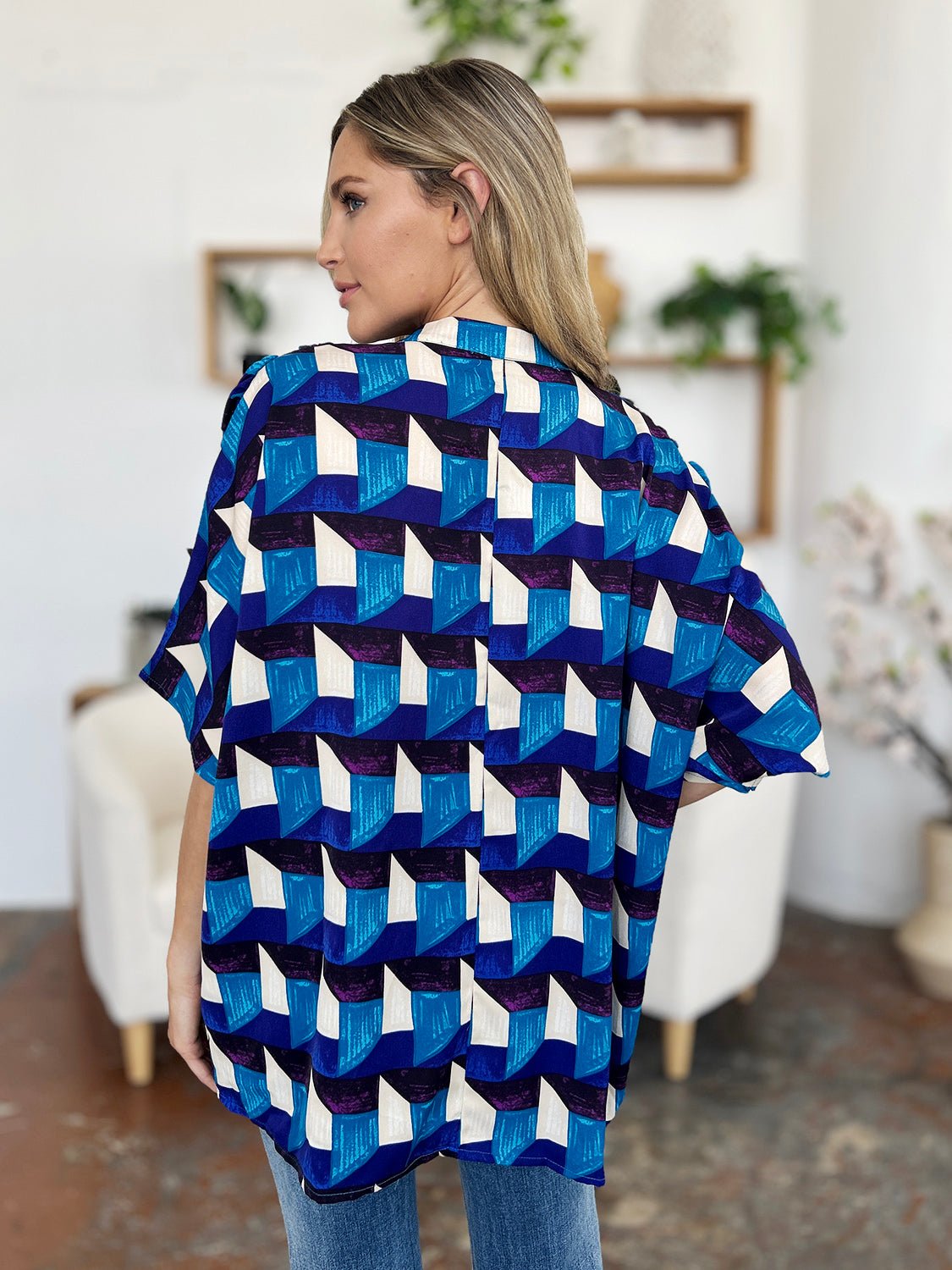 Double Take - Geometric Print Half Sleeve Blouse in Sky Blue