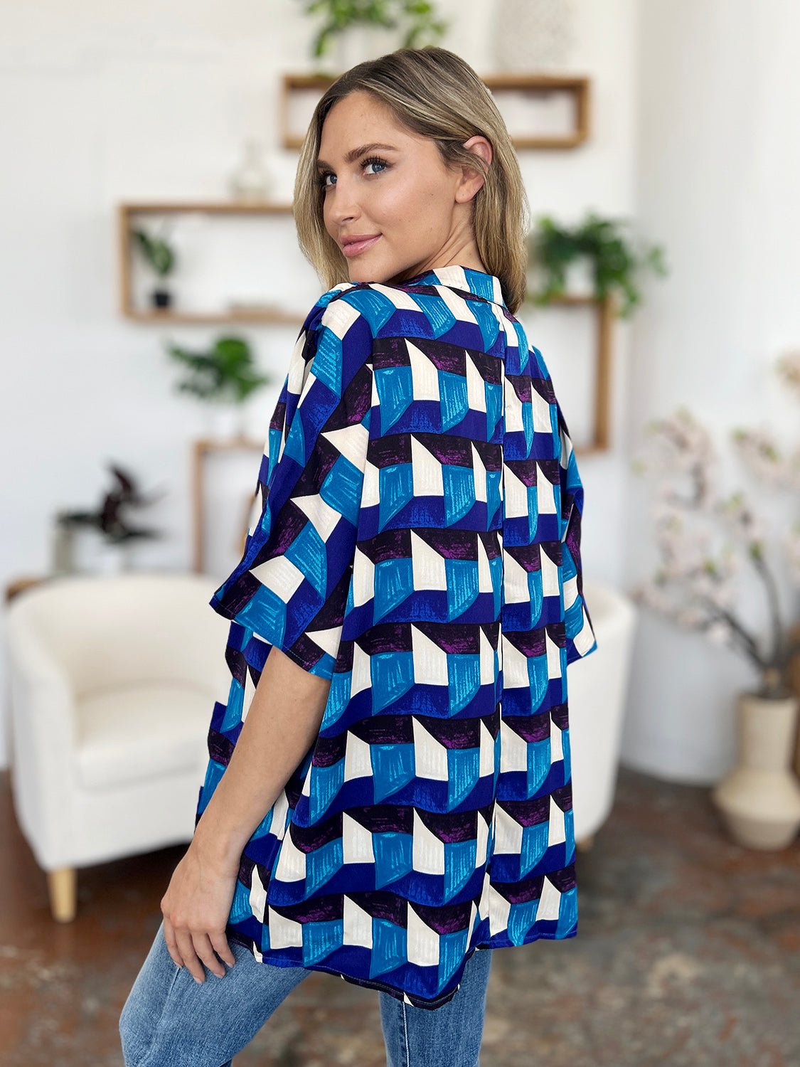 Double Take - Geometric Print Half Sleeve Blouse in Sky Blue