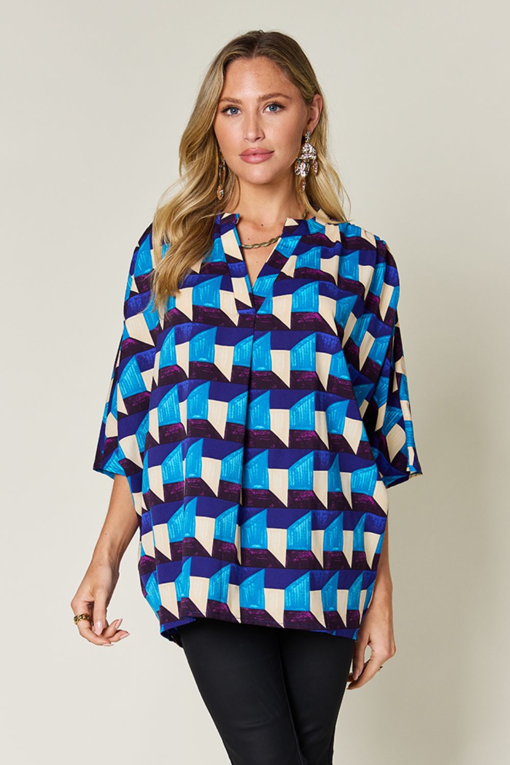 Double Take - Geometric Print Half Sleeve Blouse in Sky Blue