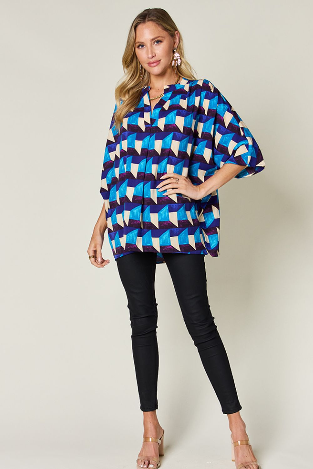 Double Take - Geometric Print Half Sleeve Blouse in Sky Blue