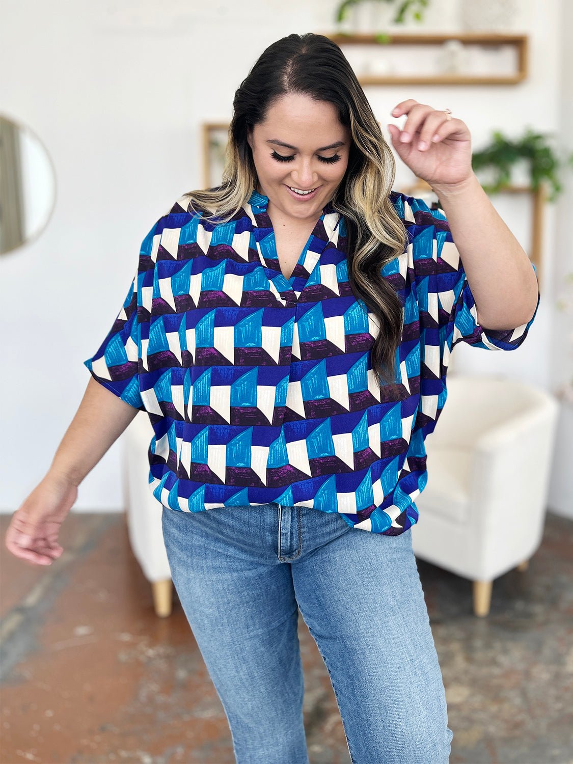 Double Take - Geometric Print Half Sleeve Blouse in Sky Blue