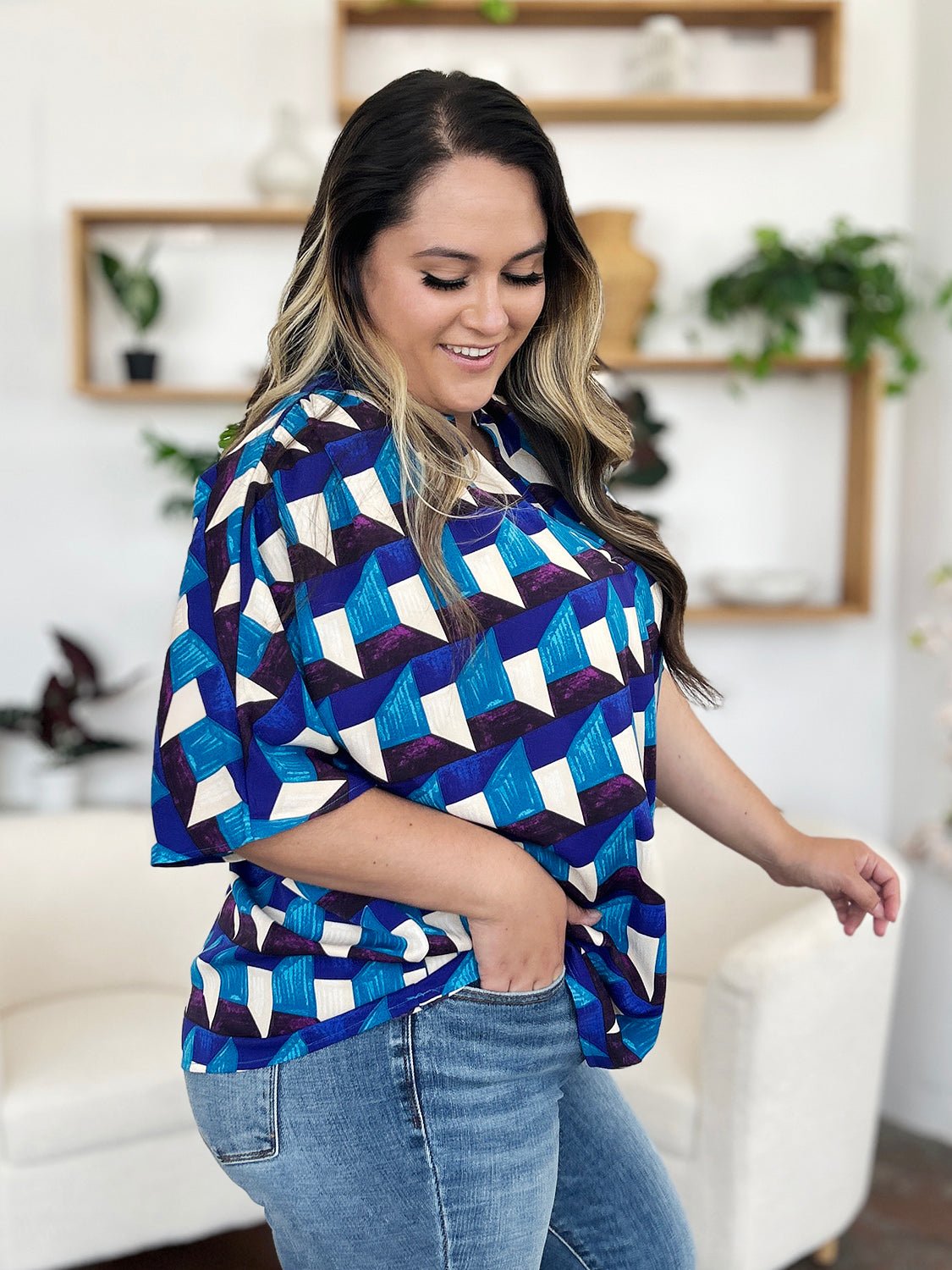 Double Take - Geometric Print Half Sleeve Blouse in Sky Blue