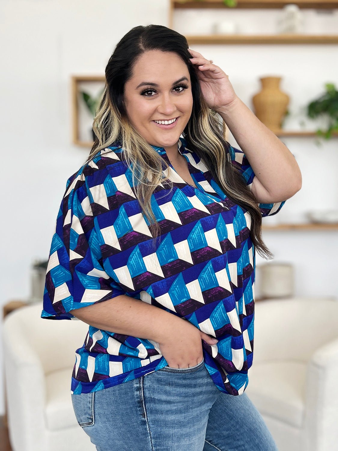 Double Take - Geometric Print Half Sleeve Blouse in Sky Blue