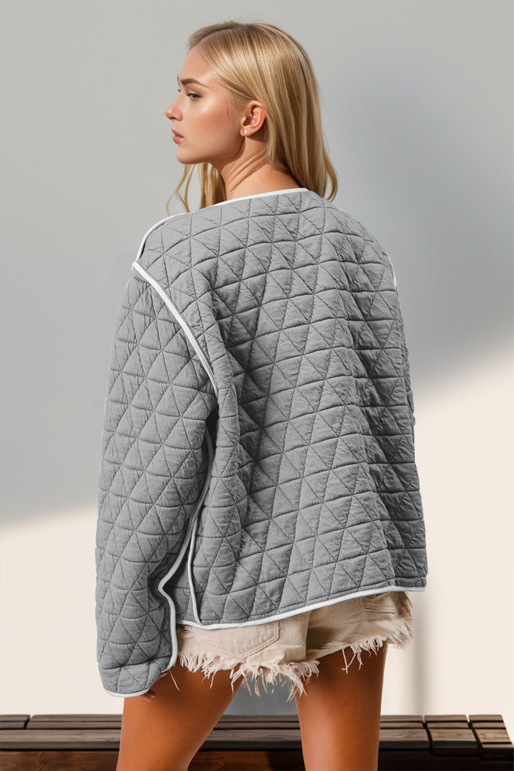 Double Take - Gray Tie Front Quilted Jacket with Pockets