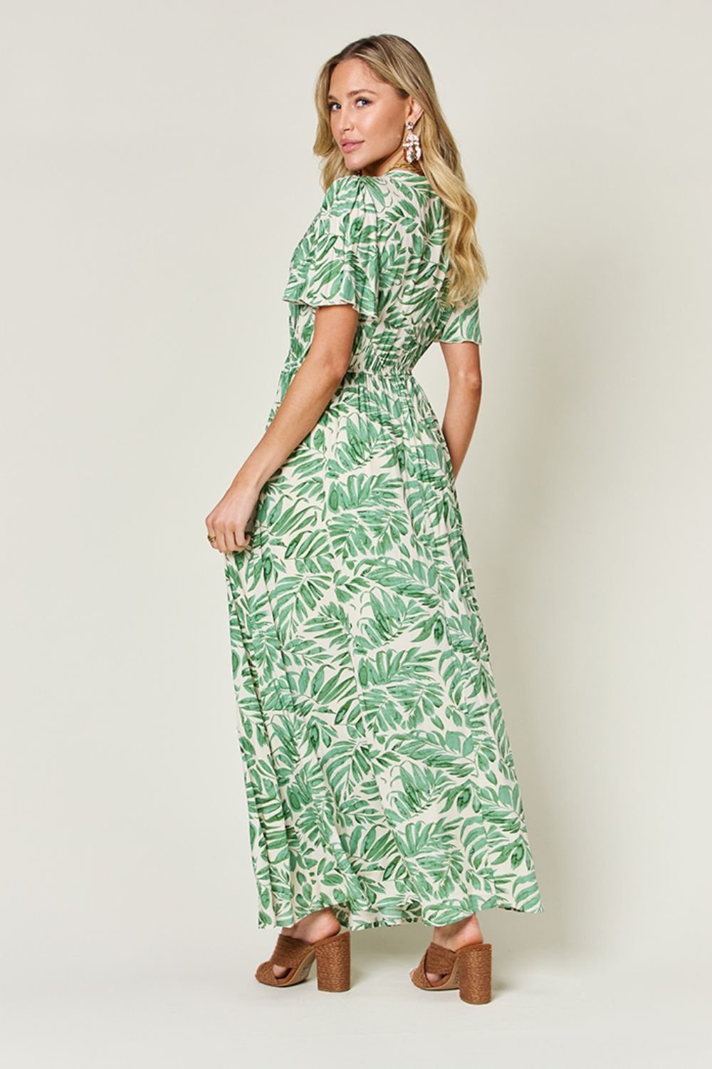 Double Take - Green Leaf Print Drawstring Waist Short Sleeve Maxi Dress