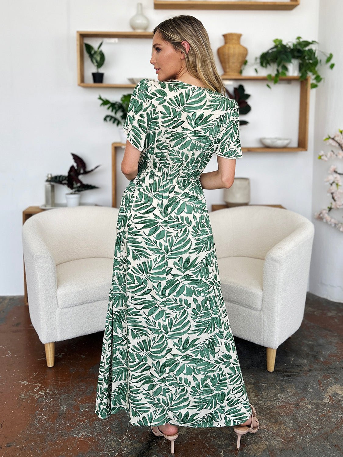 Double Take - Green Leaf Print Drawstring Waist Short Sleeve Maxi Dress