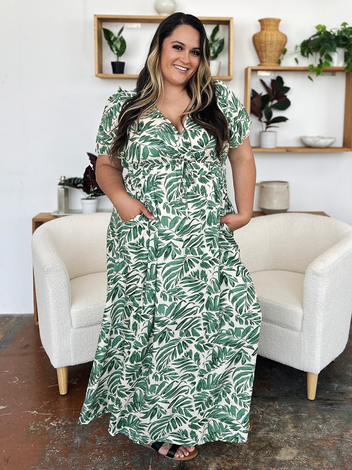 Double Take - Green Leaf Print Drawstring Waist Short Sleeve Maxi Dress