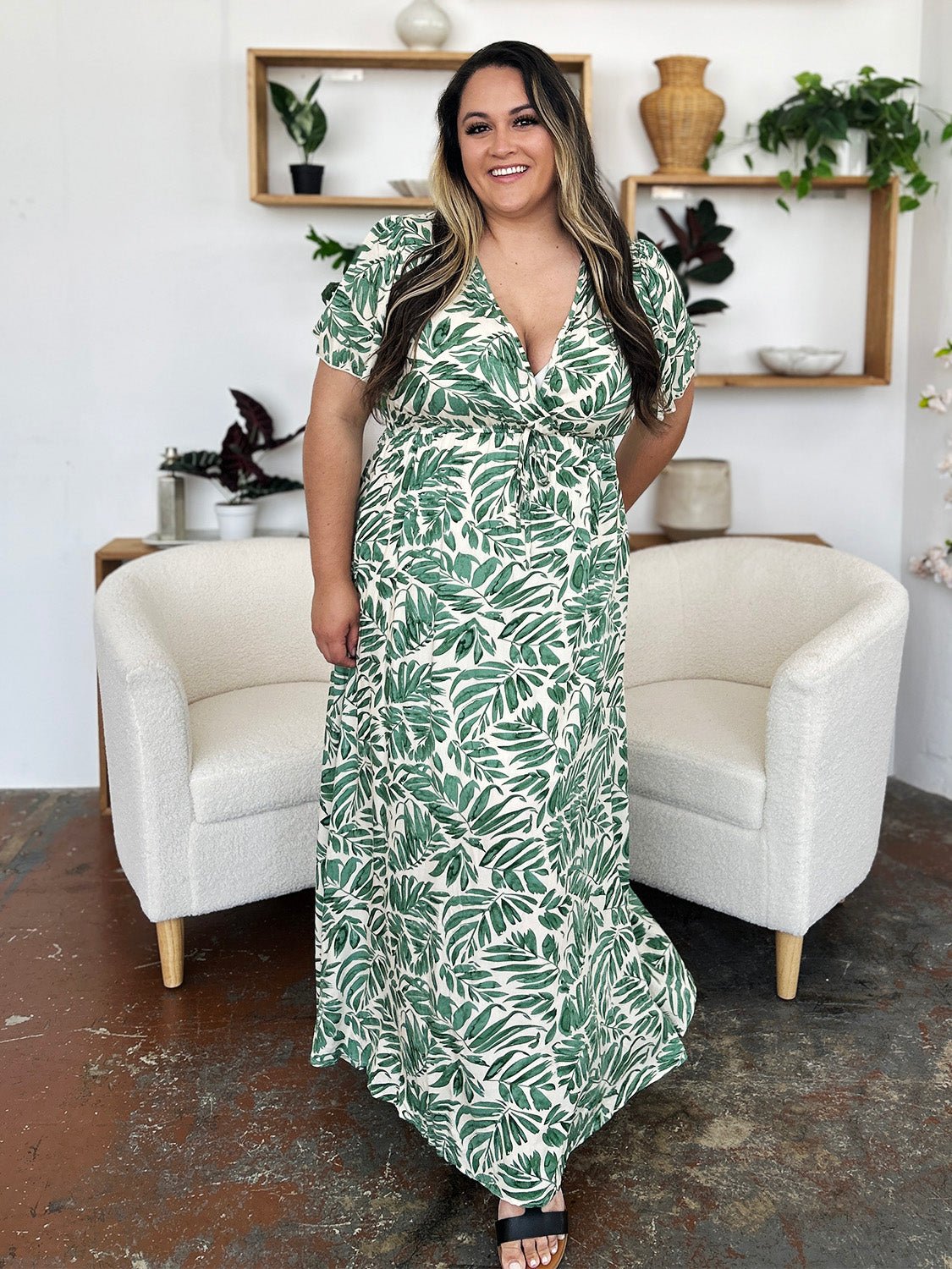 Double Take - Green Leaf Print Drawstring Waist Short Sleeve Maxi Dress