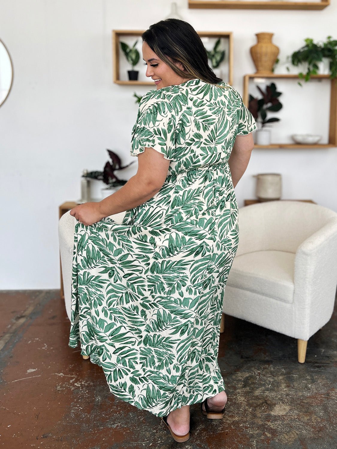 Double Take - Green Leaf Print Drawstring Waist Short Sleeve Maxi Dress