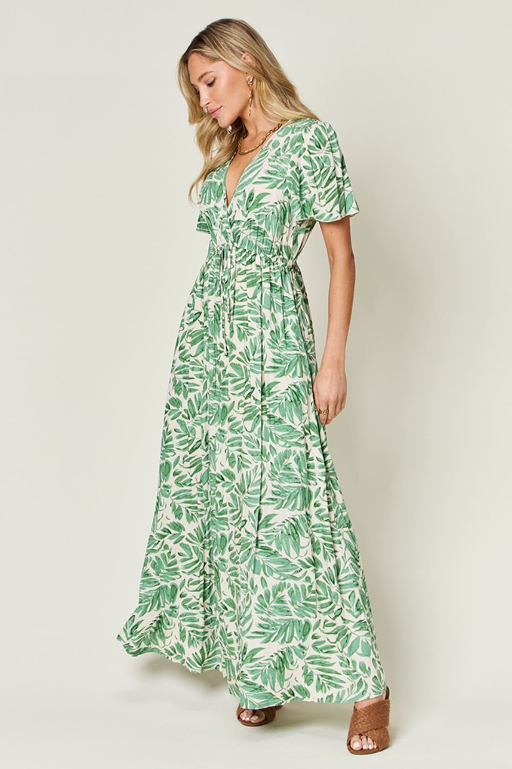 Double Take - Green Leaf Print Drawstring Waist Short Sleeve Maxi Dress