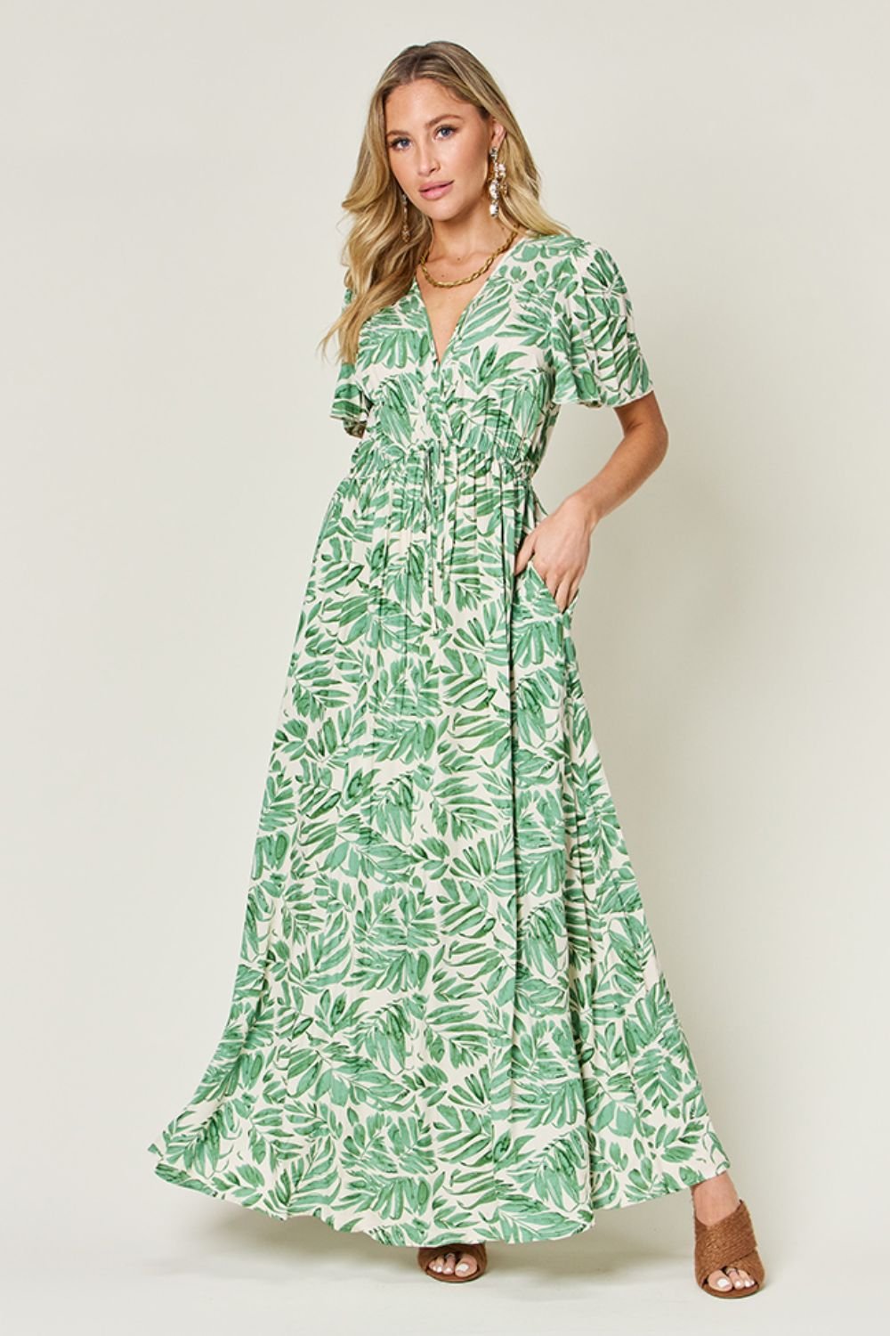 Double Take - Green Leaf Print Drawstring Waist Short Sleeve Maxi Dress